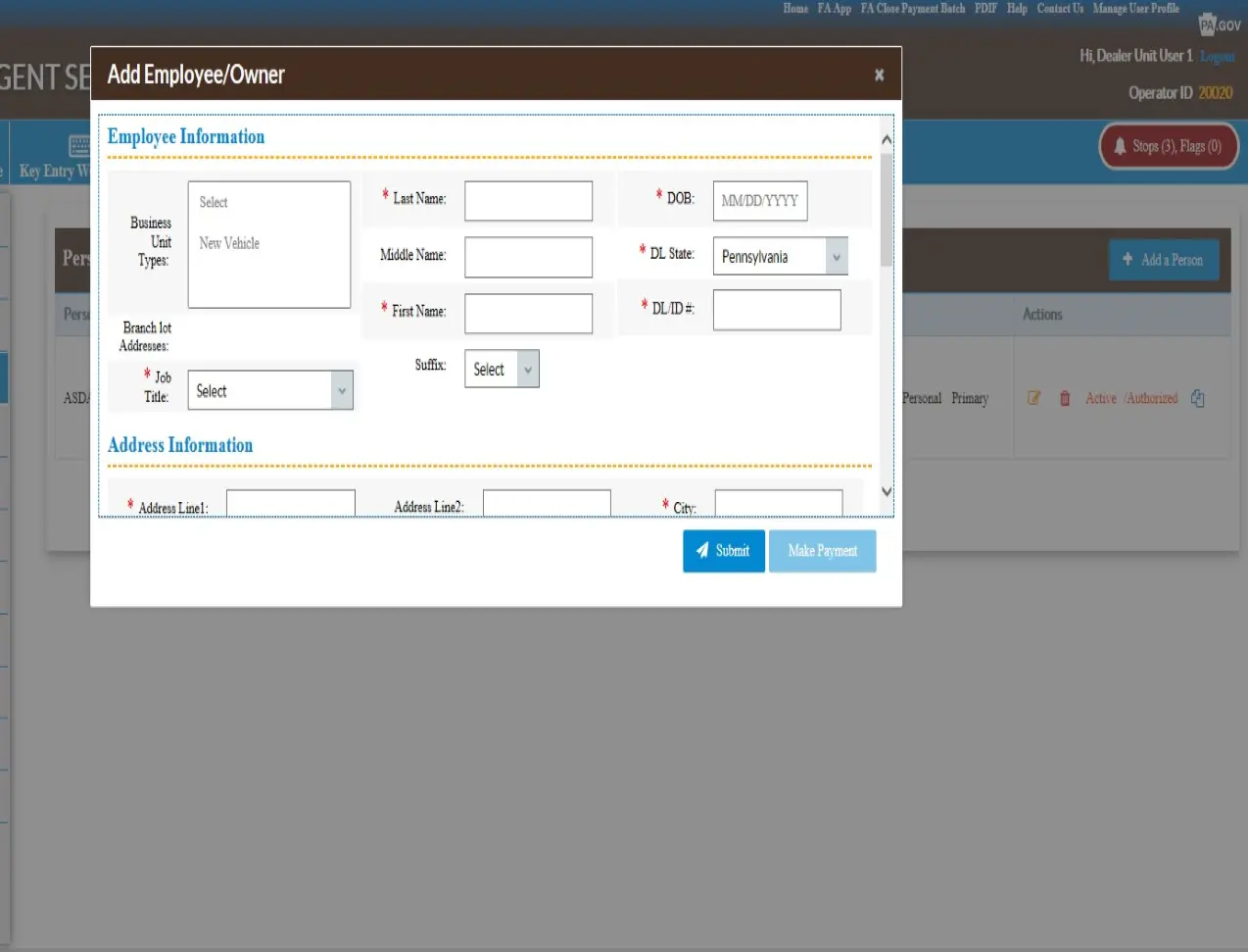 A screen shot of a blank employee information screen within the online Dealer Agent System.